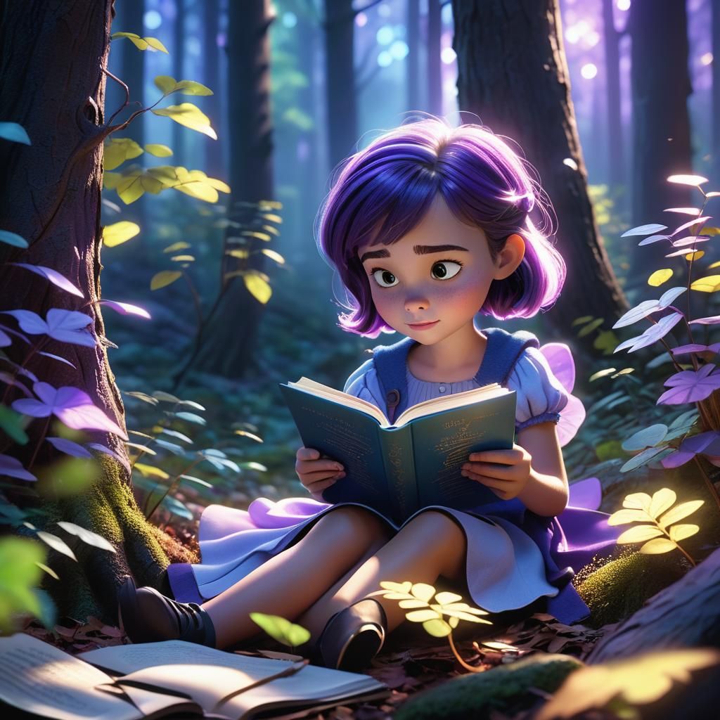 Girl Reads Book in Magical Forest: 3D Digital Art