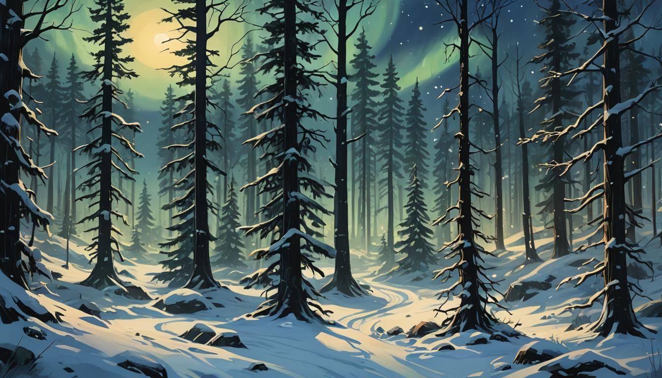 Mystical Nordic Twilight Scene with Fireflies