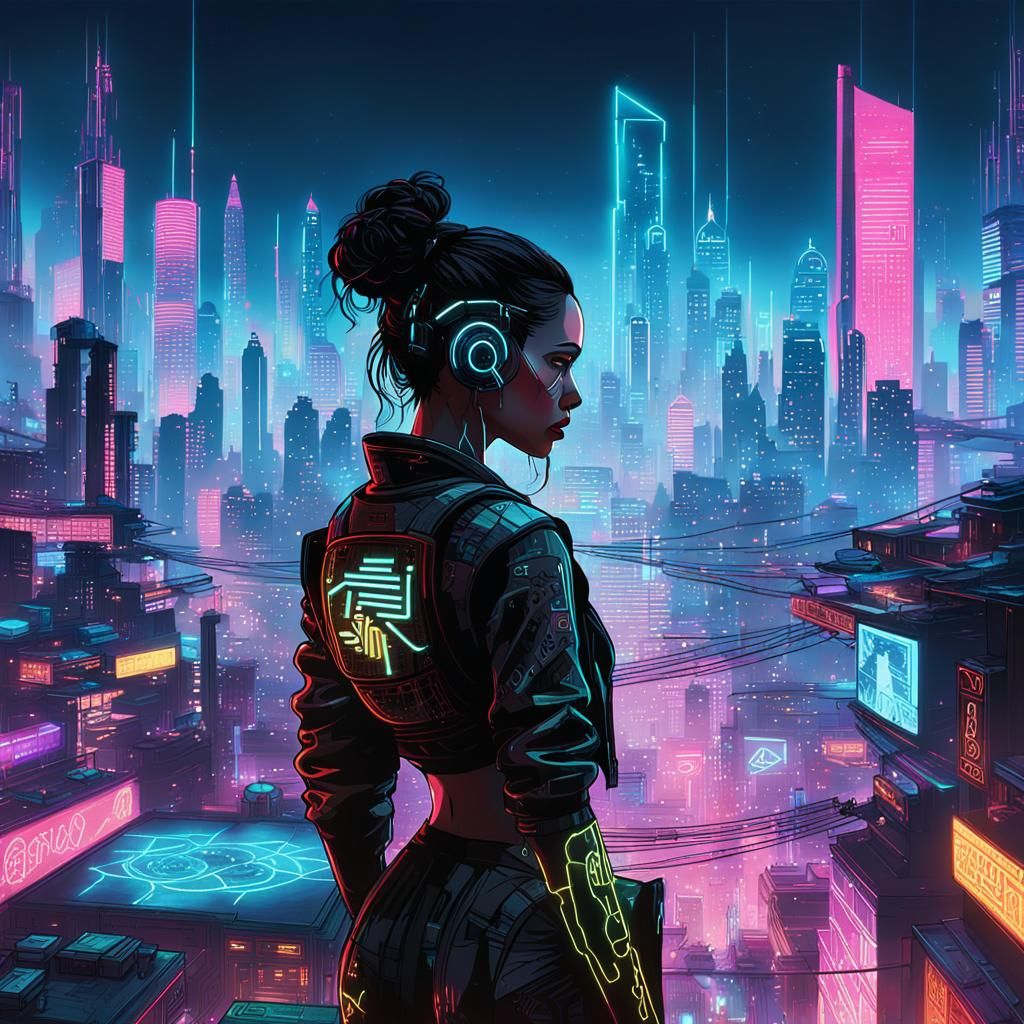 Woman in Cyberpunk Cityscape with Holographic Symbols