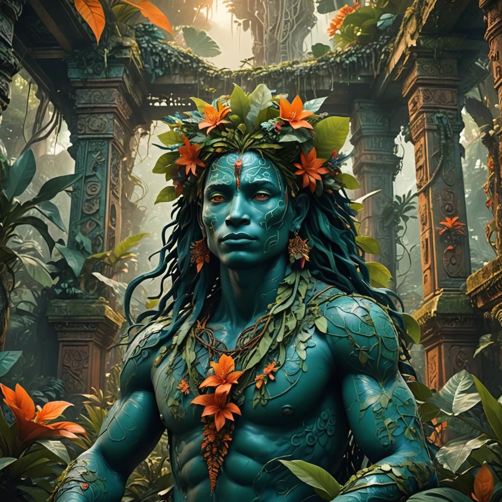 Lush Jungle Humanoid in Ancient Temple
