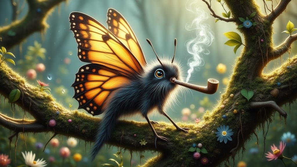 Ethereal Butterfly Goddess Leans on Mossy Branch, Pipe Smoke...