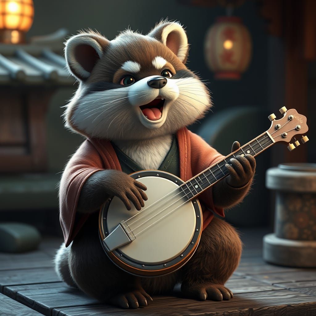 Vibrant Tanuki in Traditional Japanese Banjo Performance