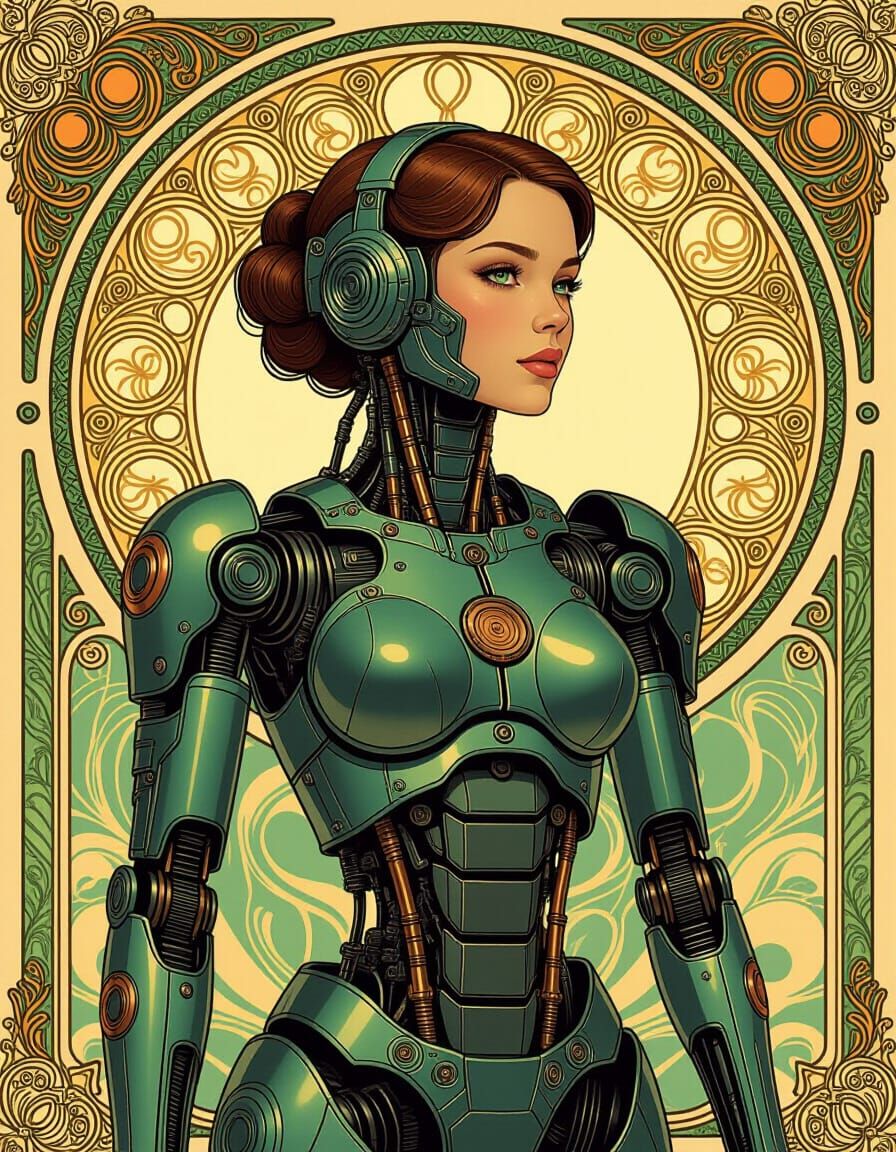 Art Nouveau Cyborg Woman in Steampunk Attire
