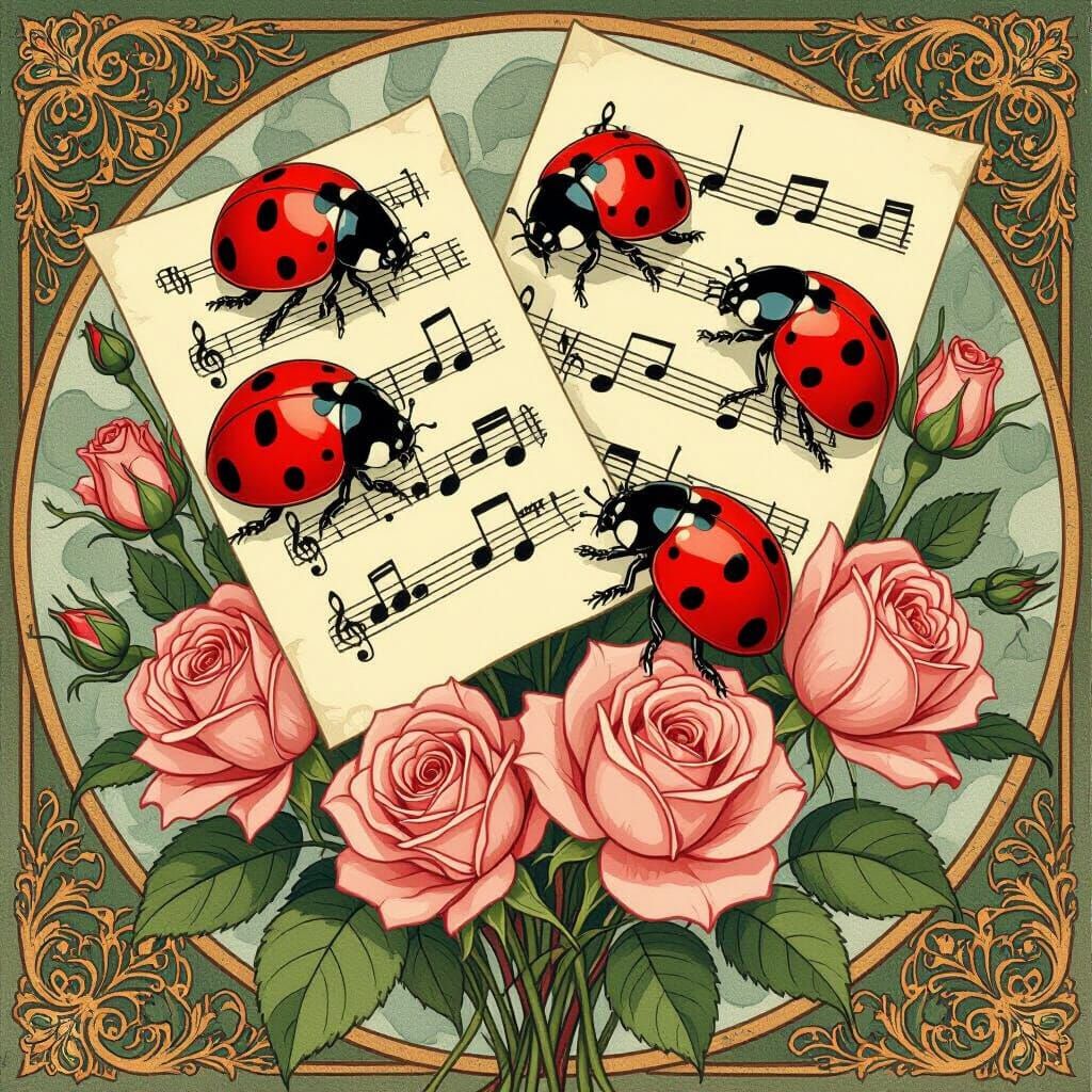 Ladybugs Dancing on Music, Alphonse Mucha Style