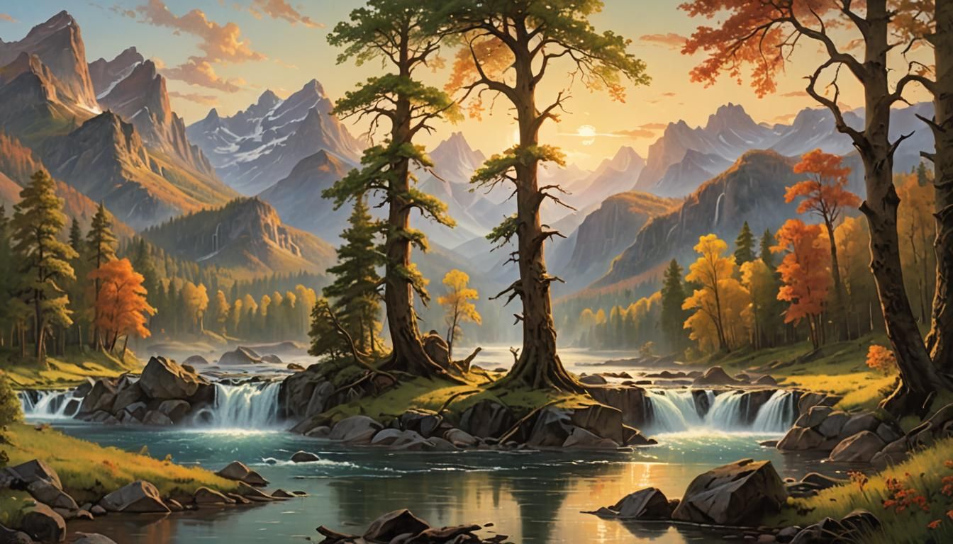 Lush Mountain Range Landscape in Bierstadt Style