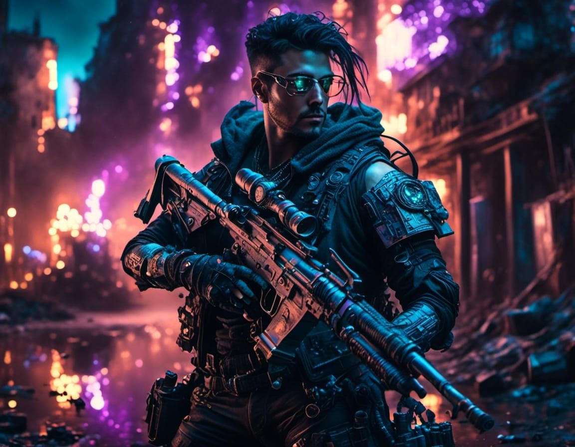 Cyborg Fires Magic Rifle in Trashpunk Wasteland