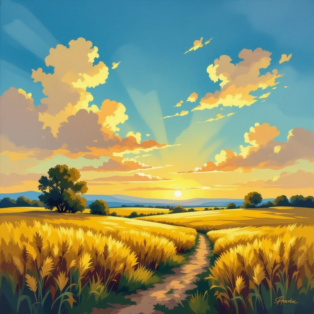 Blue and Yellow Landscape in Cracked Paint Style