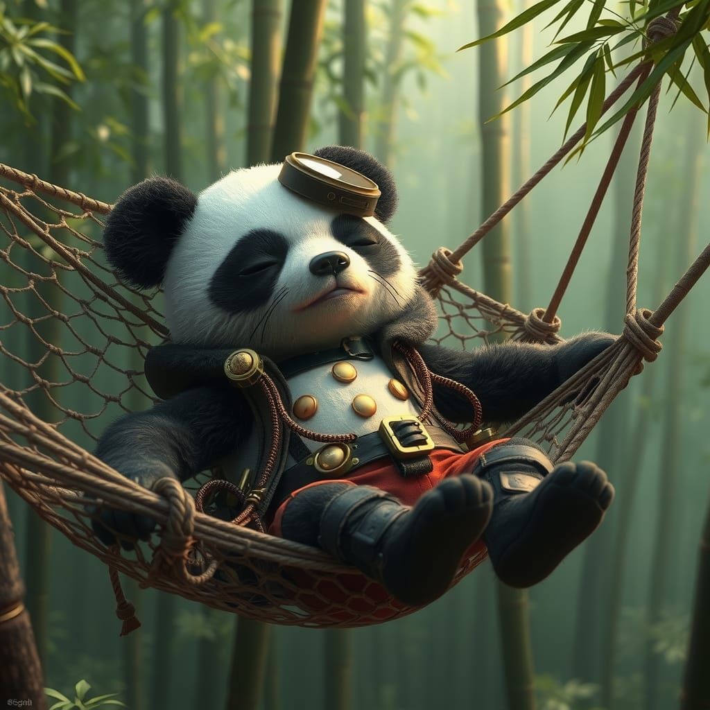 Sleepy Panda Alien in Retro-Futuristic Bamboo Forest