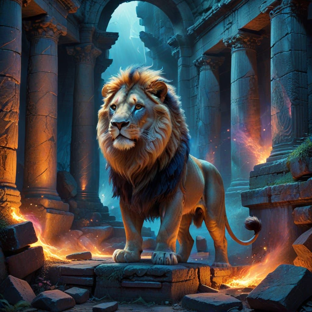 Majestic Lion in Ancient Ruins, Painterly Style