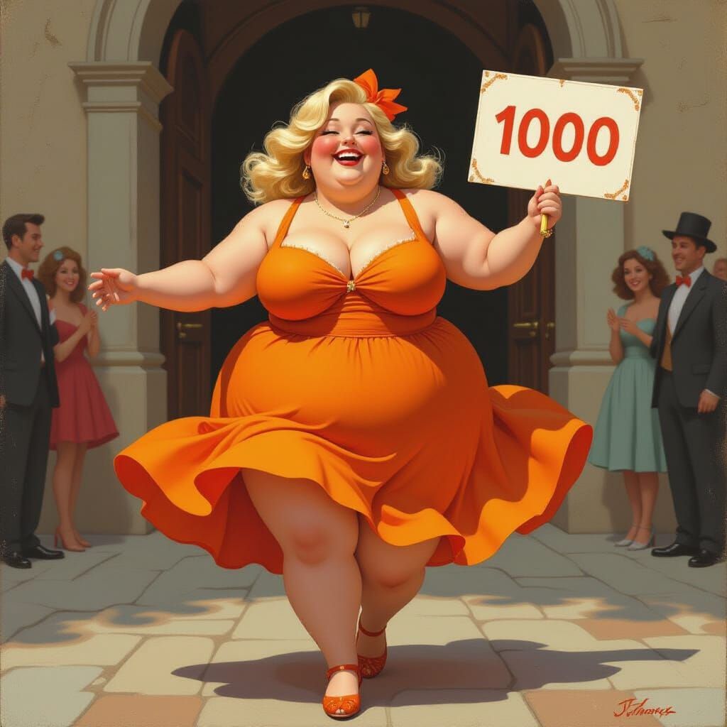 Chubby Blonde Celebrates Followers in Oil Painting