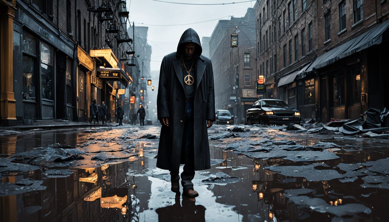 Noir Cityscape: Rain-Soaked Figure with Smartphone