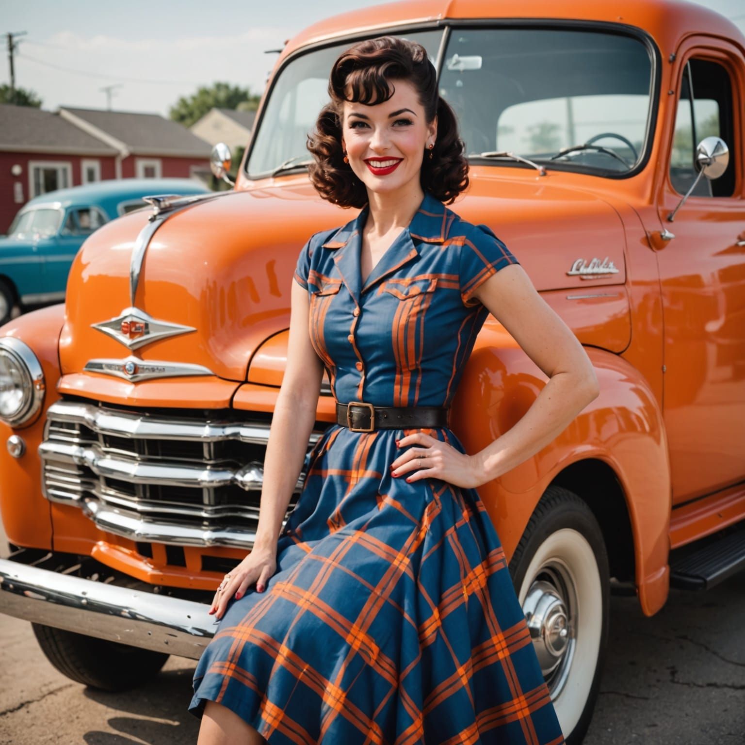 Pinup Model Poses with Vintage Truck in 50s Ad Style