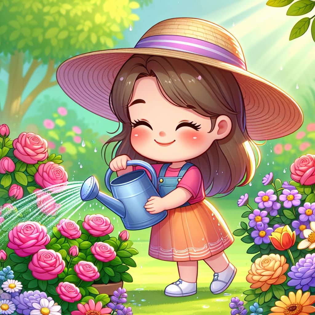 Cartoon Girl Waters Flowers in Sunny Garden