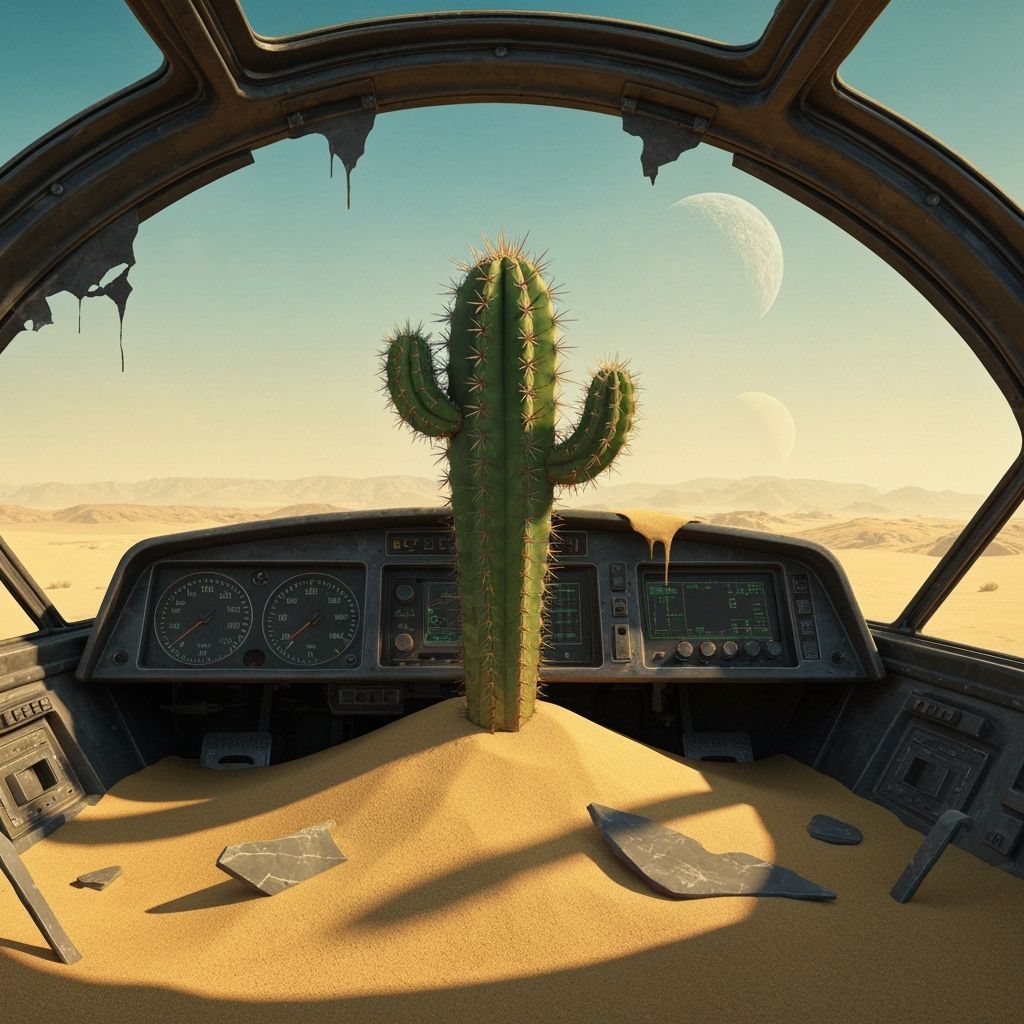 Cactus in Crashed Spaceship, Hyperrealistic Alien Landscape