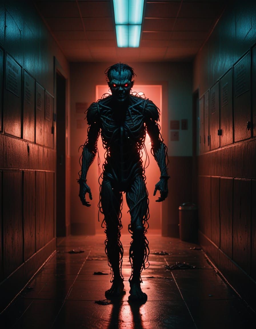 Terrifying Monster in Dark Hallway, Horror Cinematic
