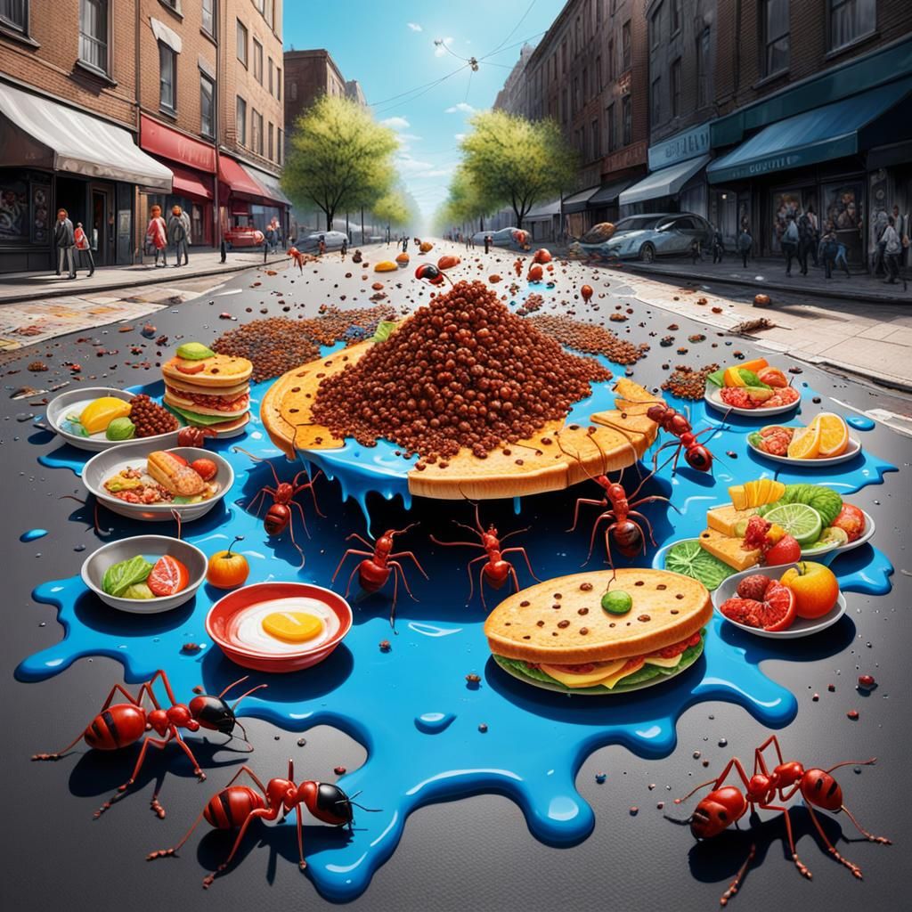 Ants Discover Picnic Food: Hyperrealistic Splash Art