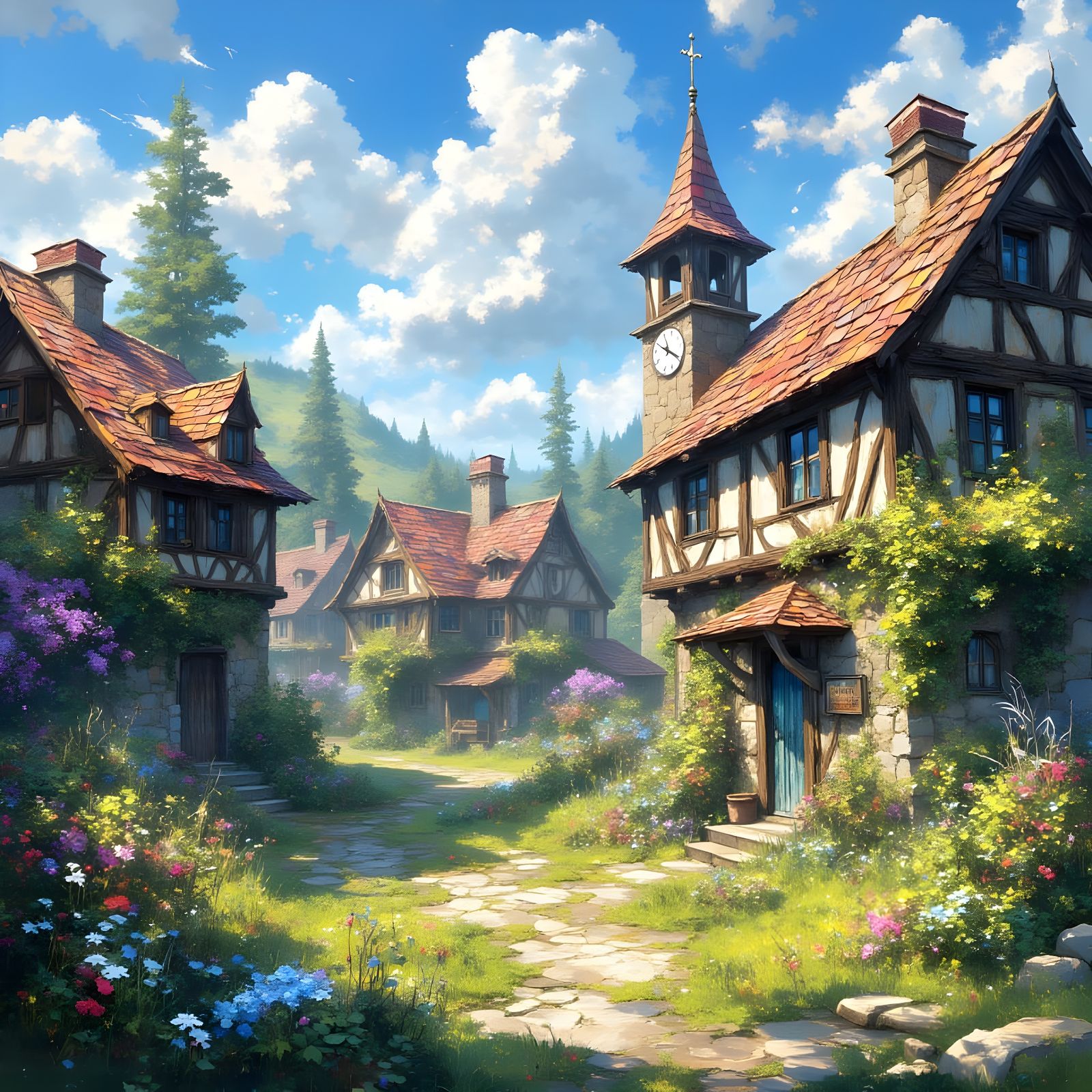 Charming Village Square Scene in Traditional Style