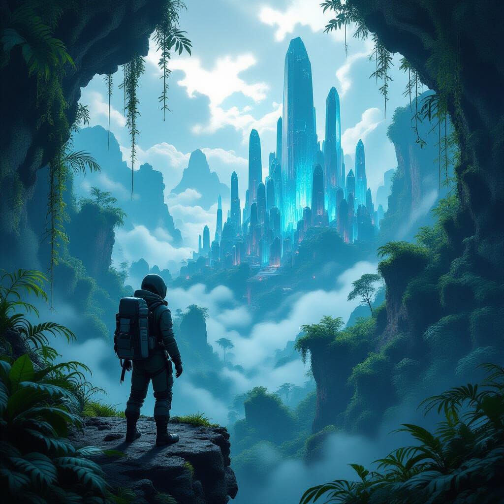 Lone Explorer Overlooks Alien Jungle