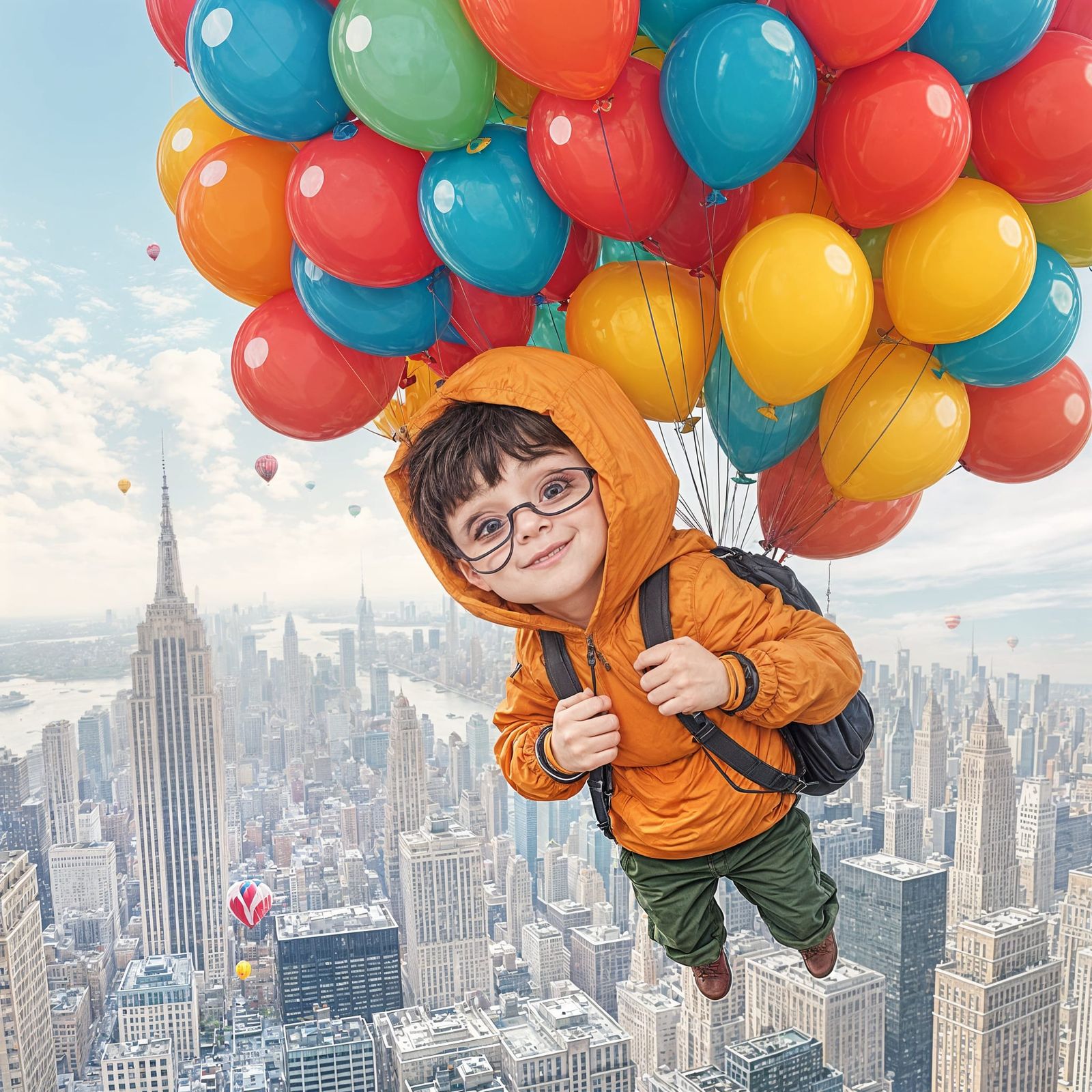 Boy Flies Over New York with Balloons