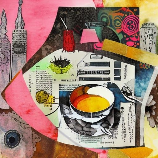Breakfast Collage in Cezanne Style, Mixed Media