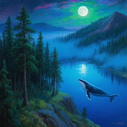 Taiga Mountain Landscape with Eerie Fog and Moonlit Lake