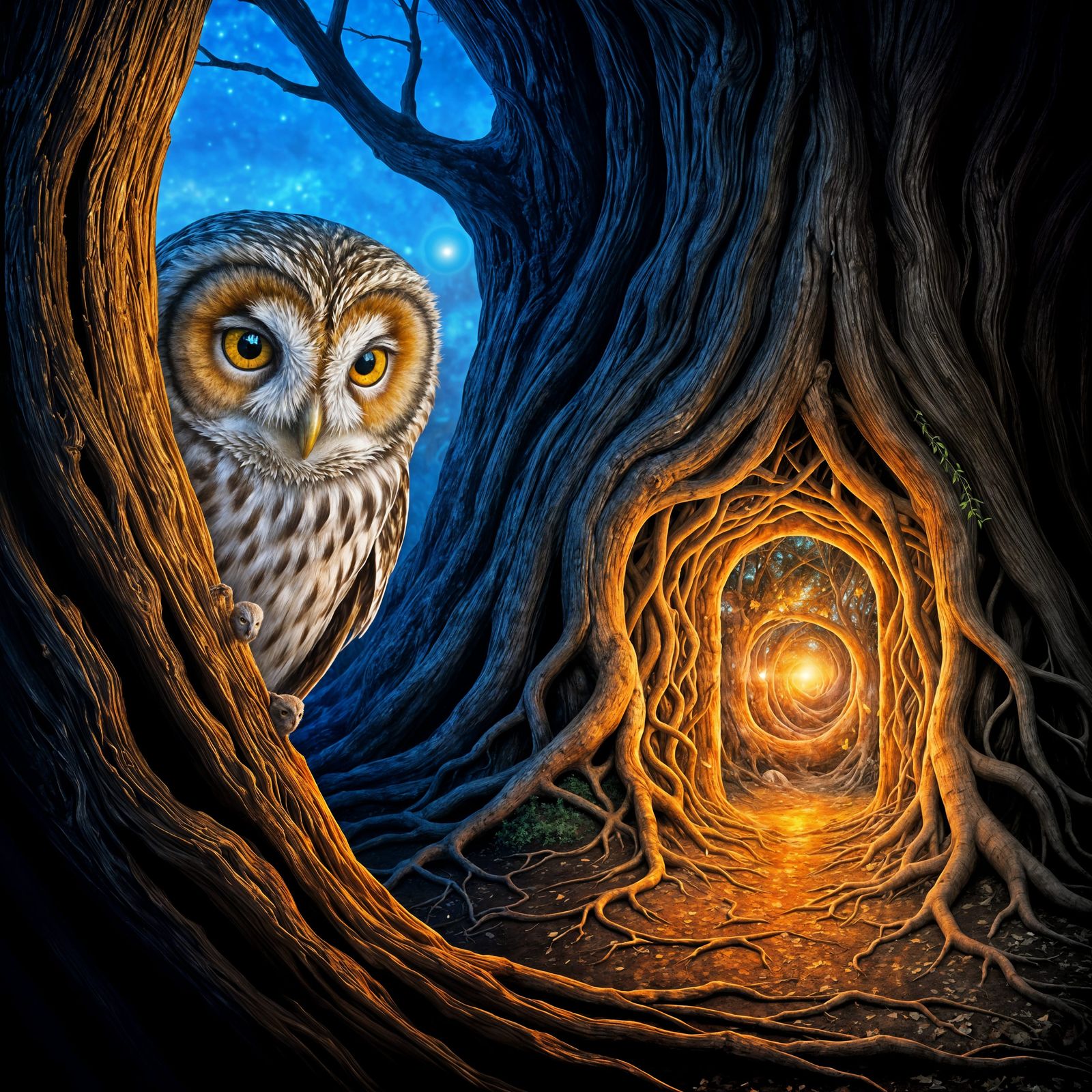 Fractal Doorway in Ancient Tree with Owl