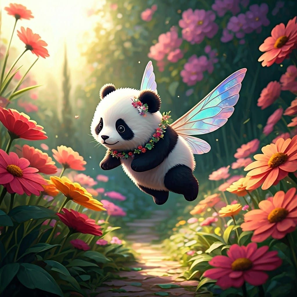 Cartoon Panda with Wings in Impressionist Garden