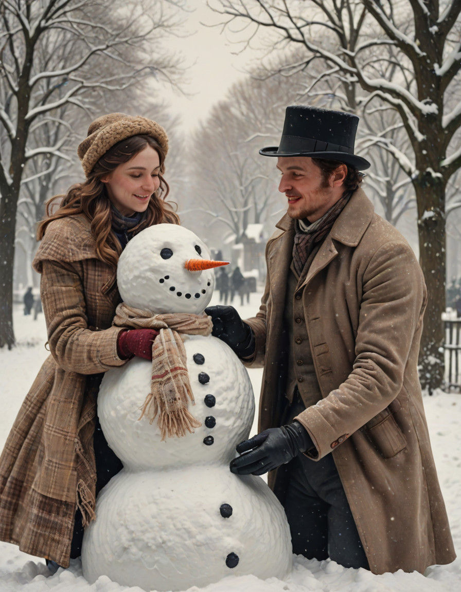 Young Victorian Lovers Craft Snowman on a Winter's Day