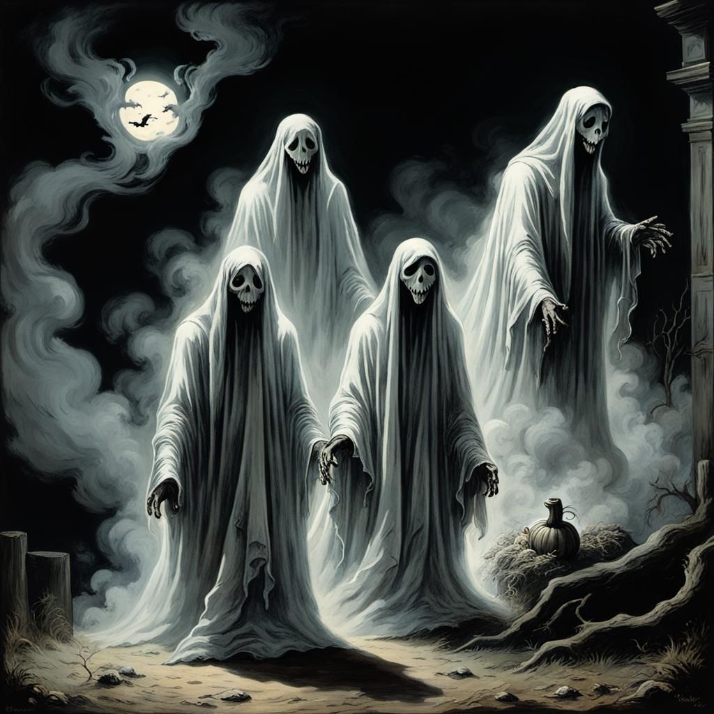 Ghosts Trick or Treat in Vintage Horror Style