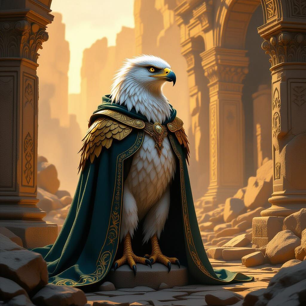 Griffin in Regal Cloak Amidst Ancient Ruins