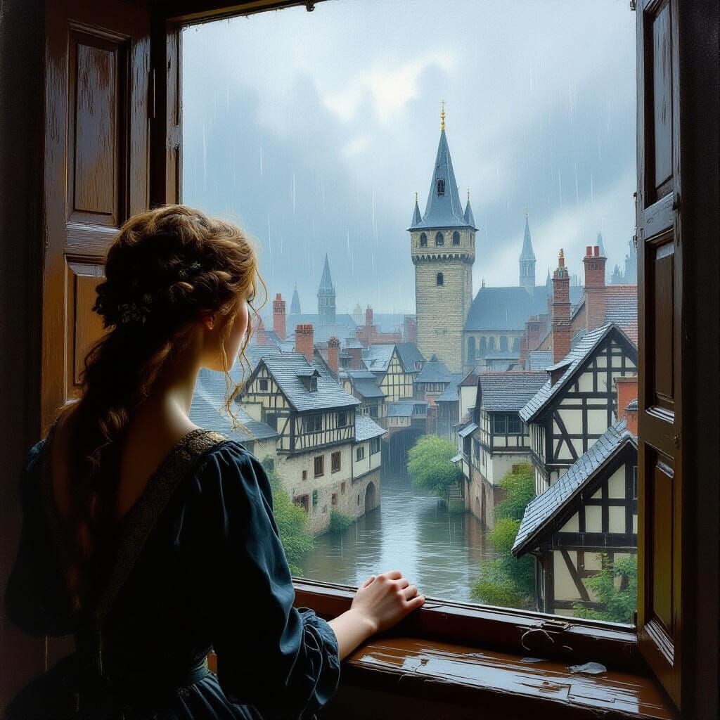 Rainy Day in Medieval City: Pre-Raphaelite Painting