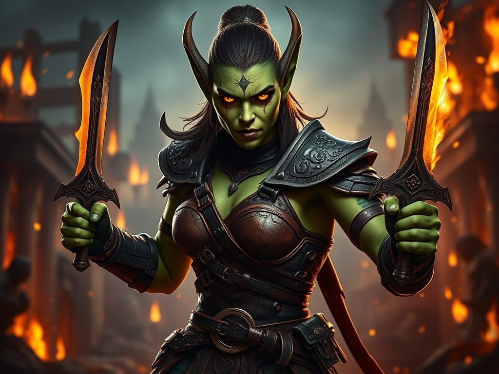 Elegant Green-Skinned Orc Assassin in Dark Fantasy Armor