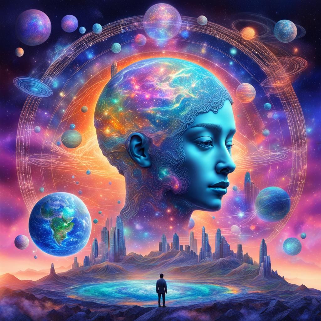 Holographic Cosmic Worlds: Mixed Media Illustration