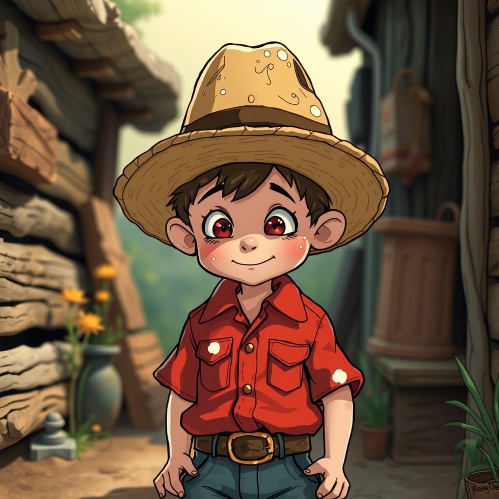 Whimsical Portrait of a Wooden Boy in Rustic Setting