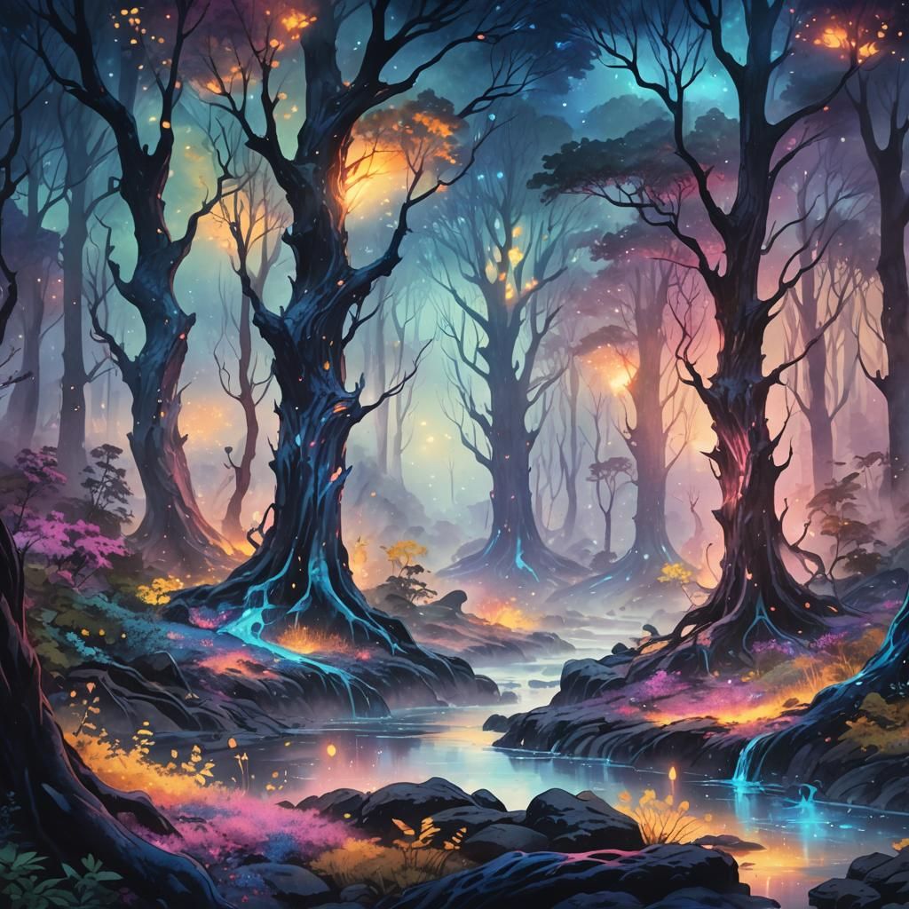 Dreamlike Anime Fantasy Landscape with Glowing Blue Magma an...