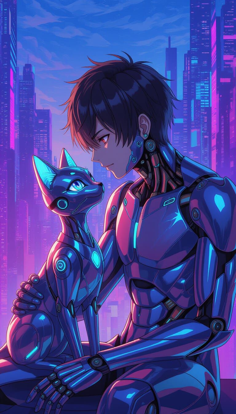 Futuristic Cyborg and Holographic Pet in Abstract City