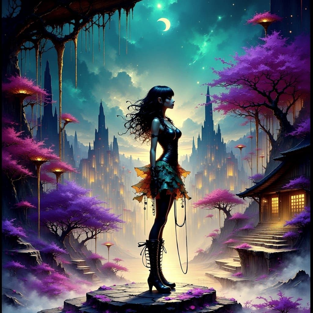 Vibrant Fantasy Scene in Deep Blue and Gold