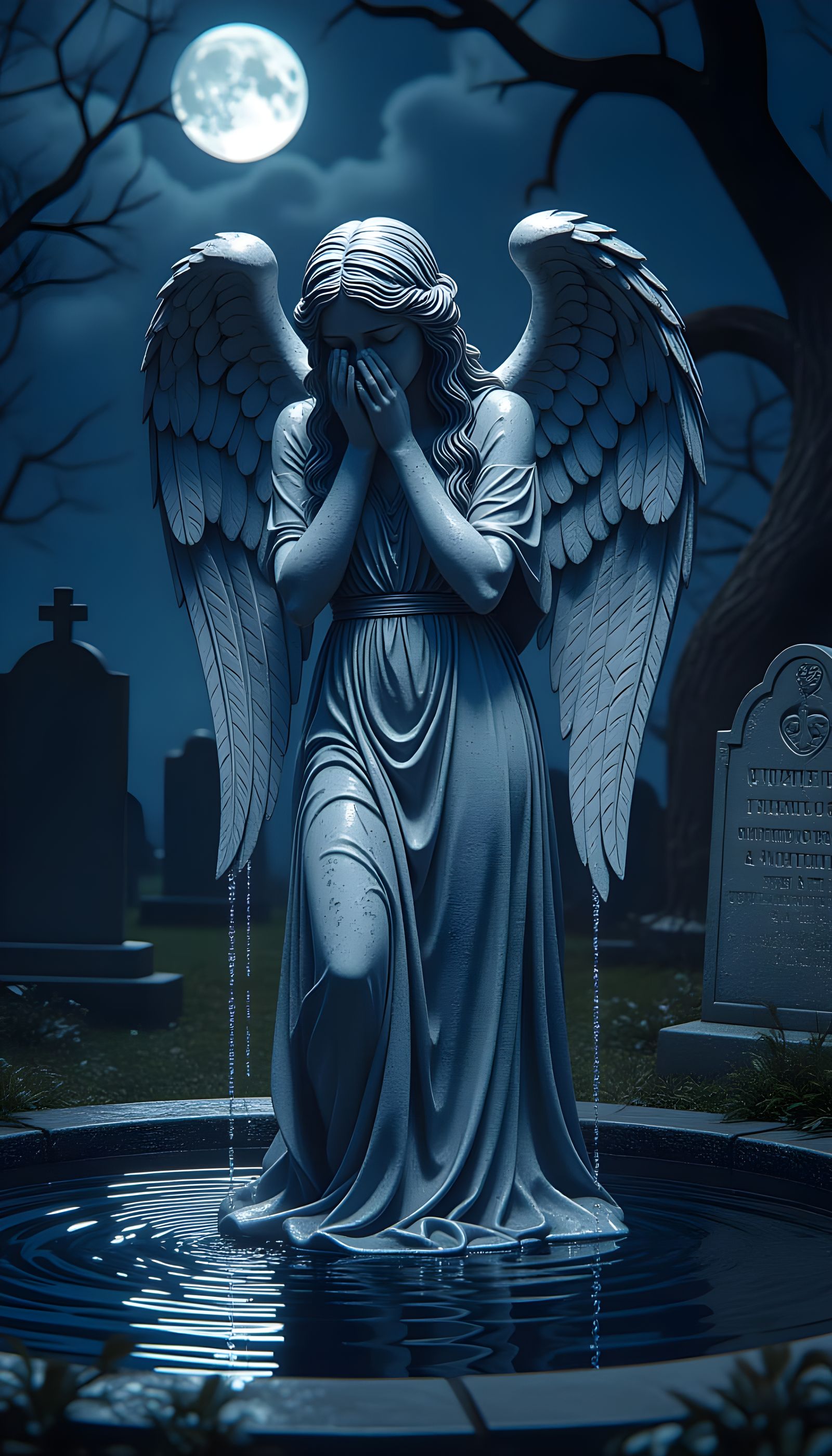 Gothic Weeping Angel Fountain in Graveyard, Hyperrealism