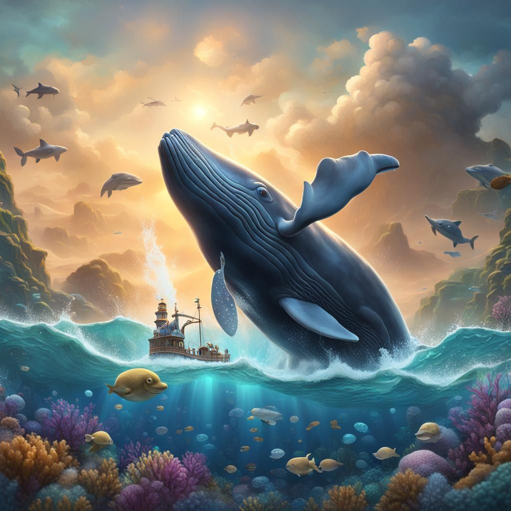 Whimsical Whale Family in Deep Ocean Digital Art