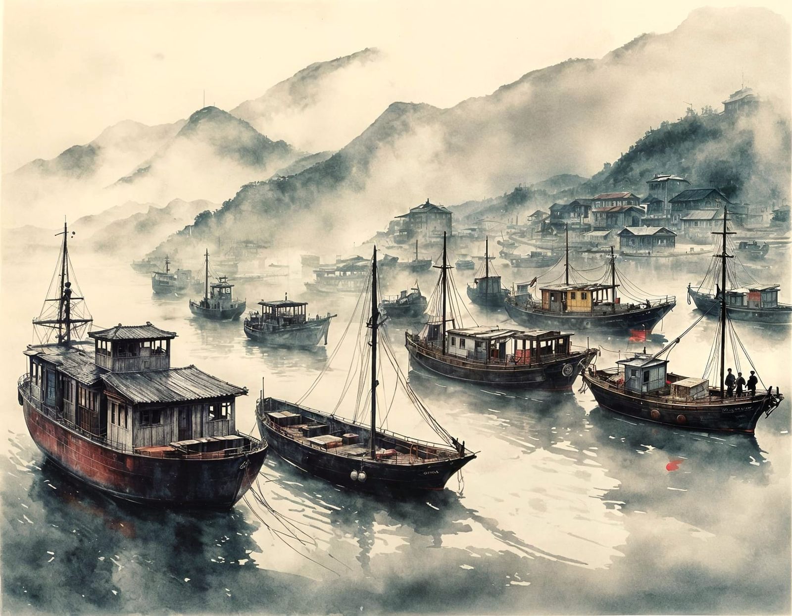 Hong Kong Port on a Rainy, Foggy Day in Chinese Ink Style