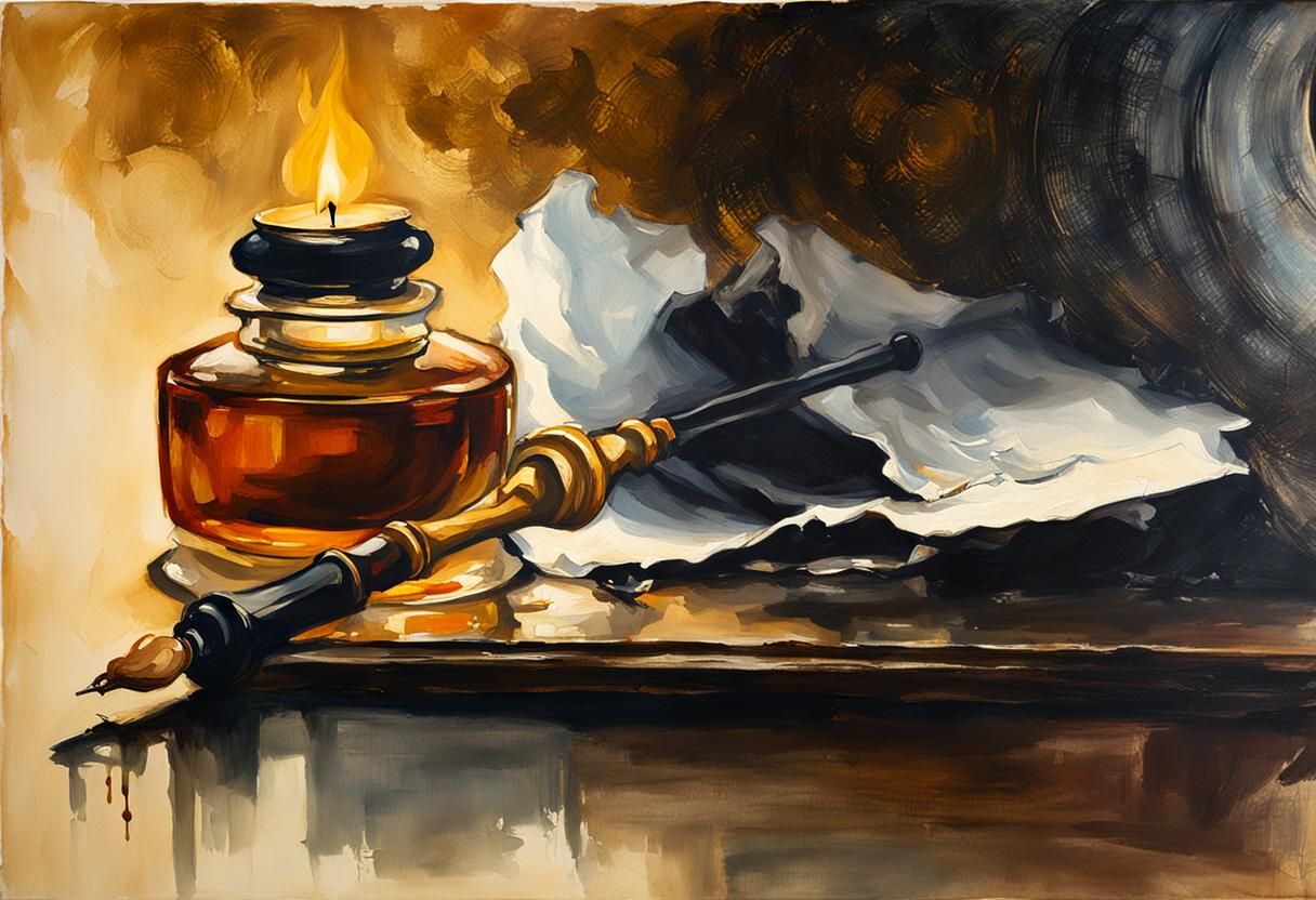Luxurious Inkwell Still Life in Golden Hues