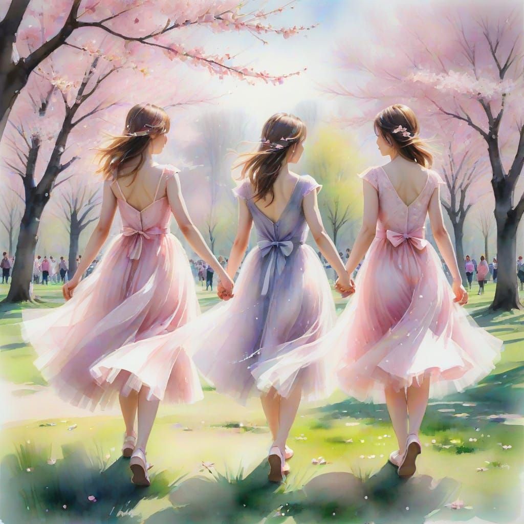 Sisters Dancing Under Cherry Blossoms in Watercolor