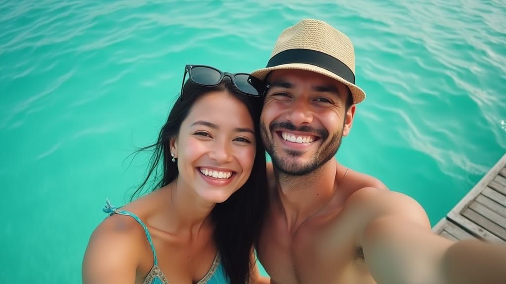 Maldives Selfie: Joyful Couple on Tropical Deck