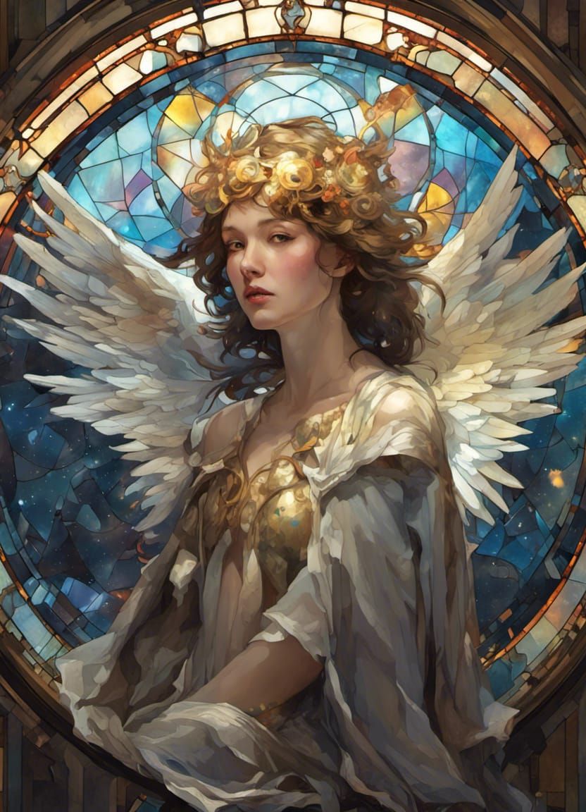 Winged Valkyrie in Iridescent Stained Glass