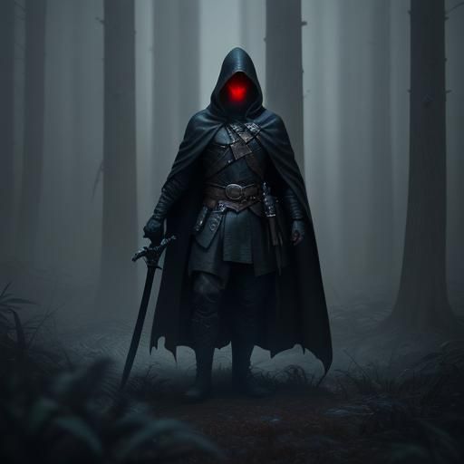 Hooded Figure with Glowing Sword in Misty Forest