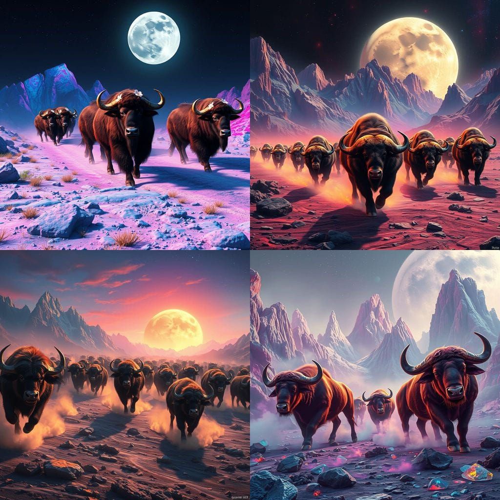 Buffalos in Vibrant Lunar Mountainscape