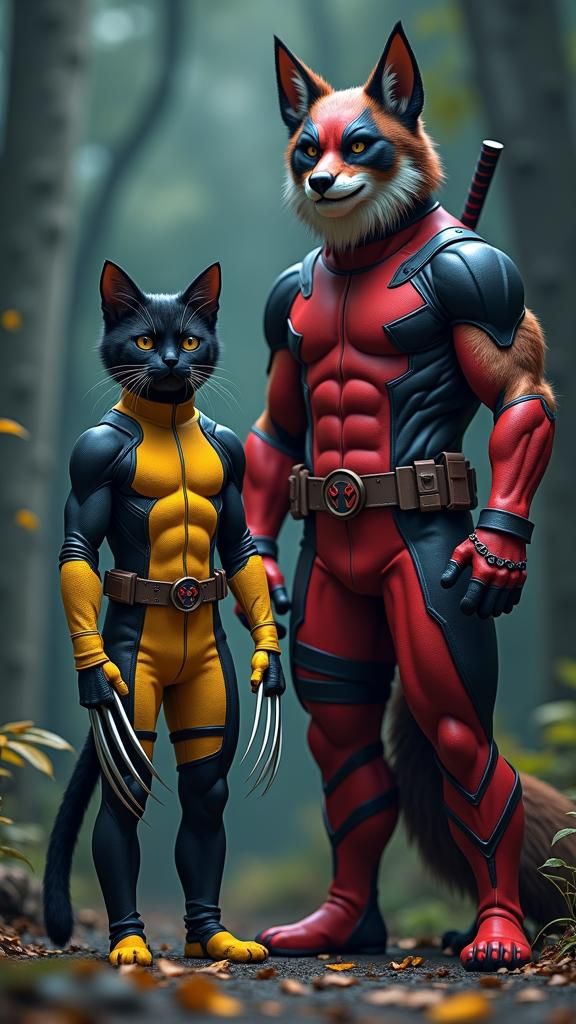 Cat as Wolverine vs Dog as Deadpool in Anime Style