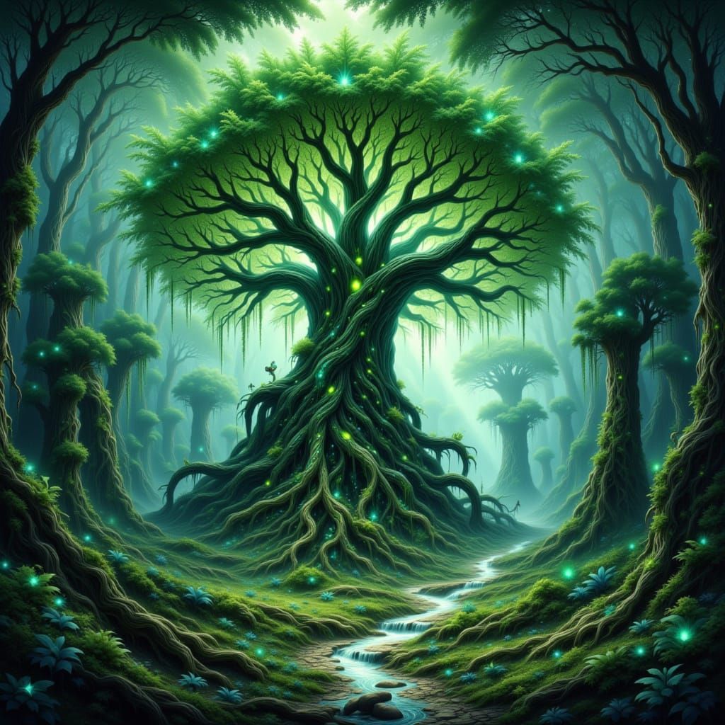 Ancient Bioluminescent Tree in Forgotten Temple