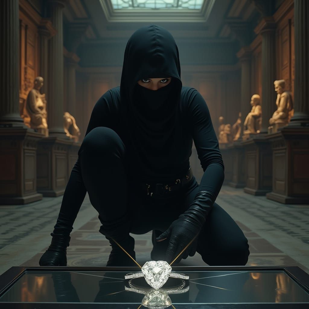 Stealthy Woman Ninja Avoids Laser Alarms in Dark Museum