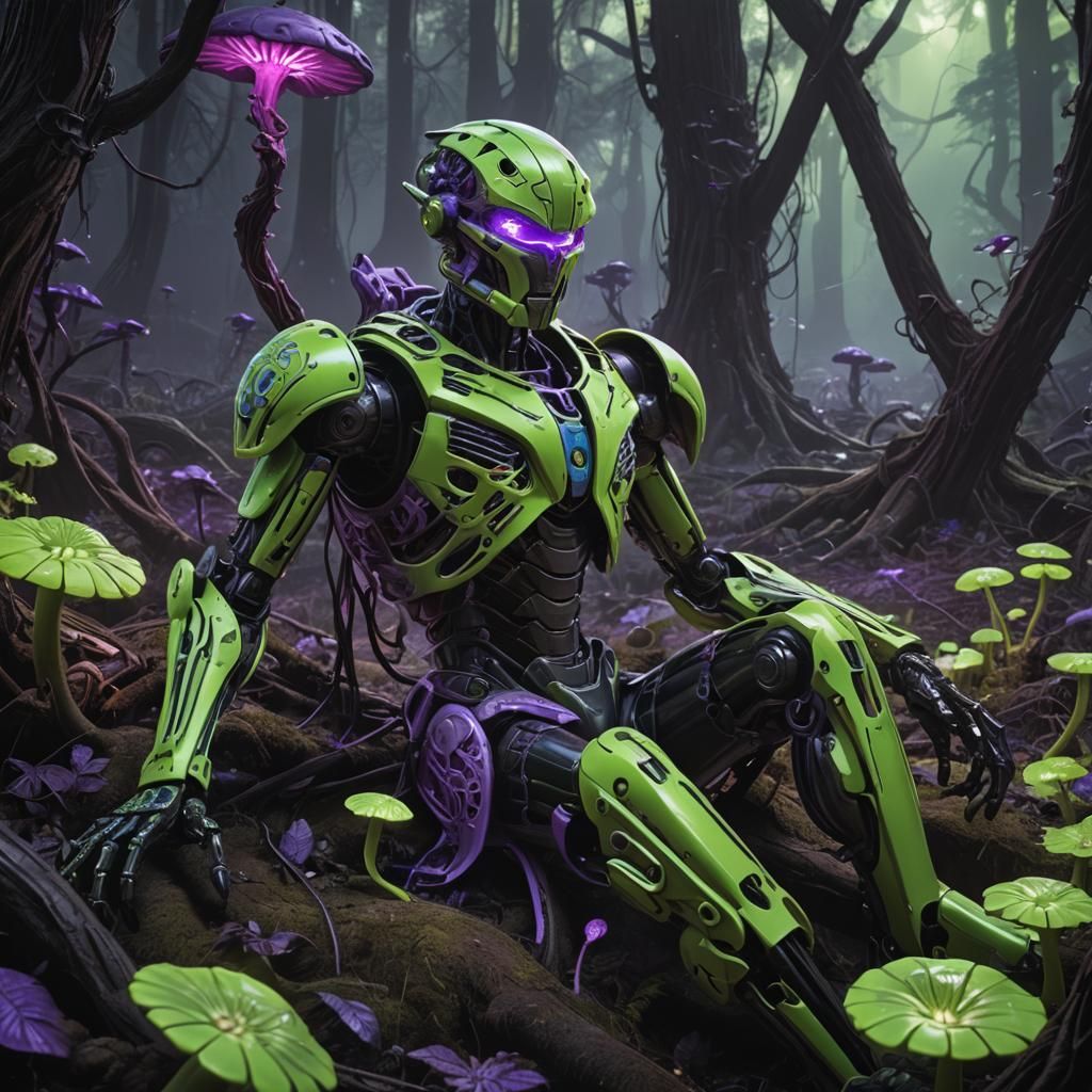Bionicle in Bioluminescent Sci-Fi Forest